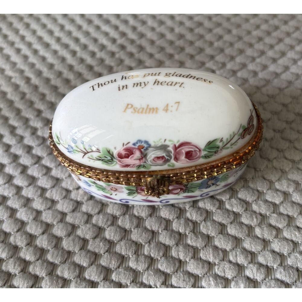 Imperial Porcelain Floral Gold Trim Psalm 4:7 Hinged Trinket Box 3"L x 1.5"H